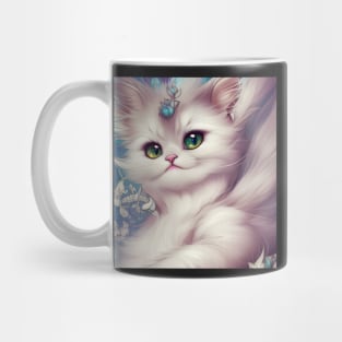 Cute White Kitten Beautiful Eyes | White cat with gren and yellow eyes | Digital art Sticker Mug